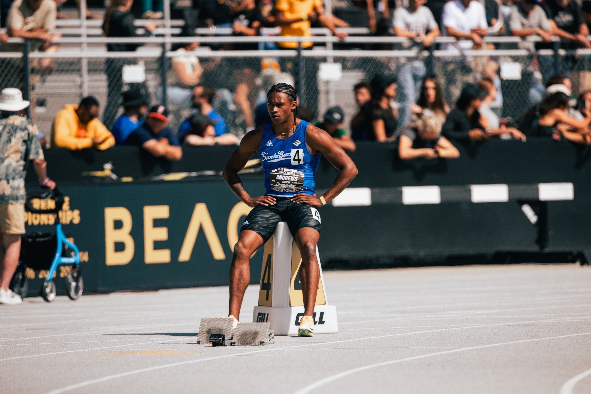 Finn Andrews in the blocks before 400m hurdles final