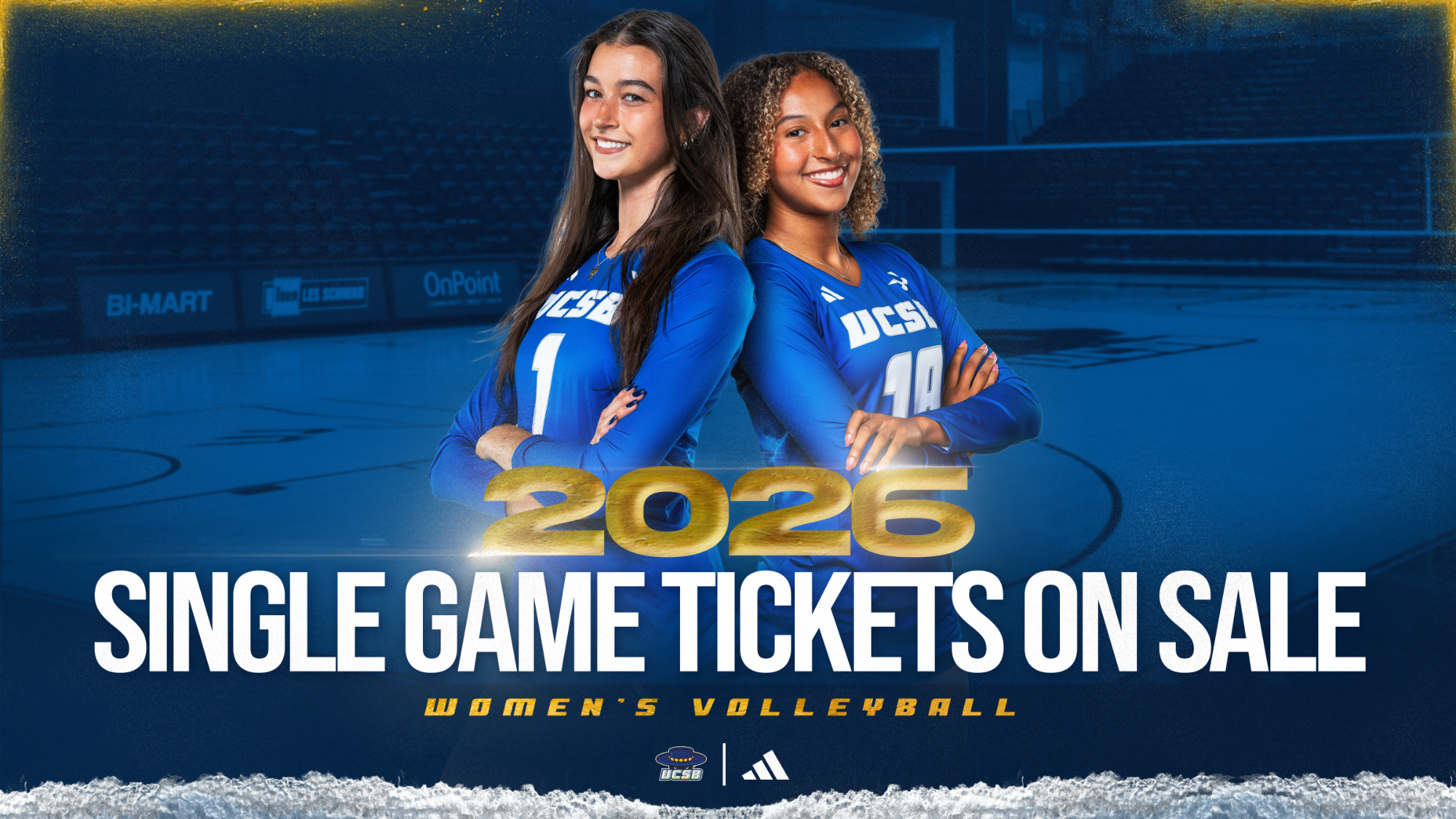Auburn Tomkinson and Gabi Martinez pose on the single game ticket poster for women's volleyball