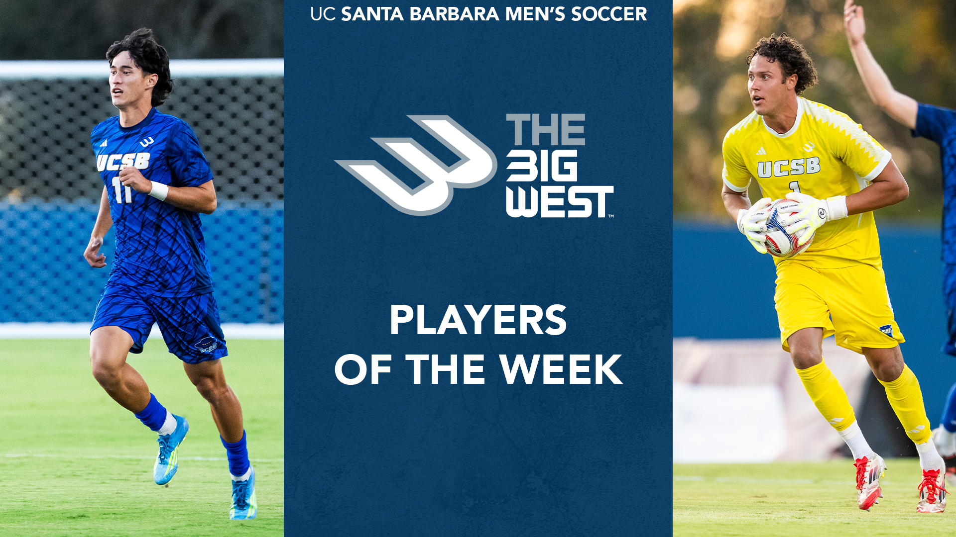 A graphic featuring a photo of #11 Kaden Standish running on the field on the left third, a photo of #1 Owen Beninga running with the ball in his hands on the right third and text reading The Big West Players of the Week on a dark blue background in the middle third