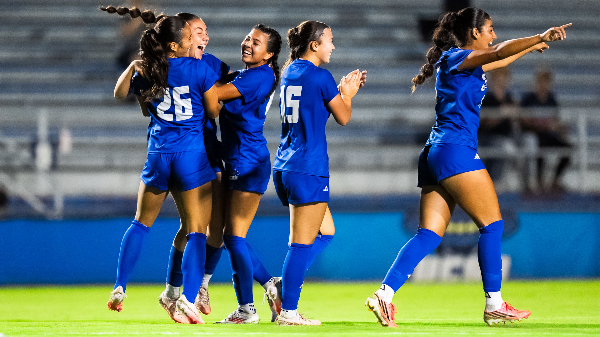 Avery Standish (#26), Allison Gonzalez (#42), Alondra Talamantes (#2), Isabella Ong (#15) and Delilah Veag-Aguilar celebrate the Gauchos second goal of the match against Long Beach State