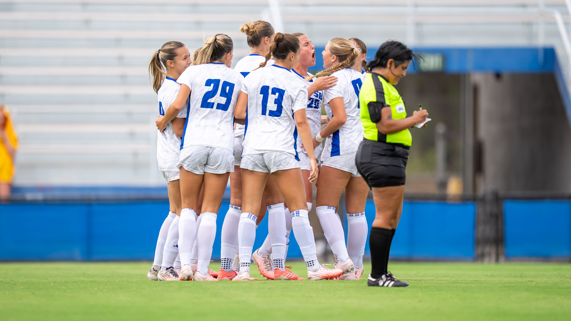 The Gauchos huddle and celebrate after Olivia Howard's goal in the seventh minute against North Dakota State.