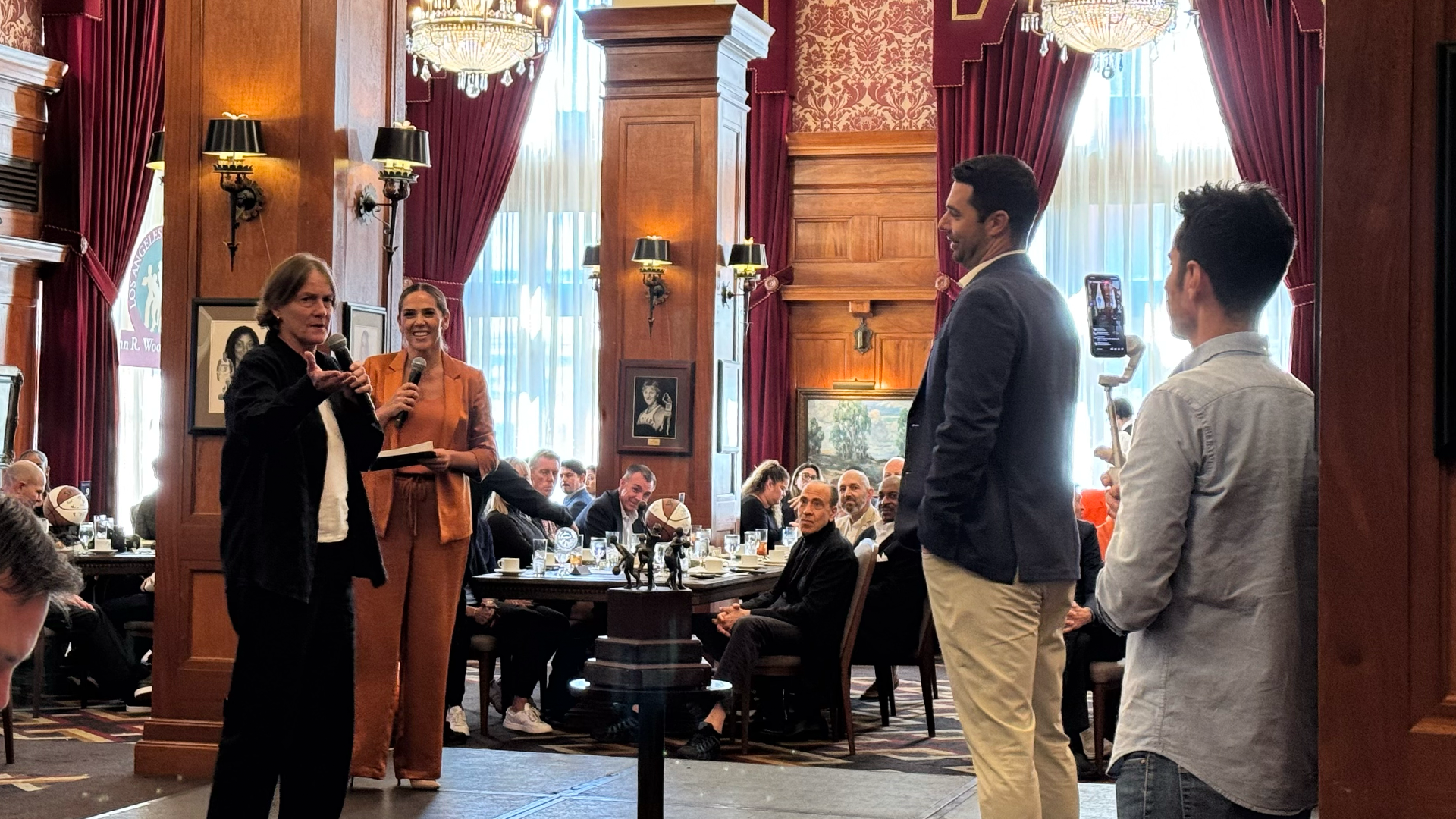 Heidi VanDerveer and Clint Allard speak at Wooden Award Preseason Coaches Luncheon
