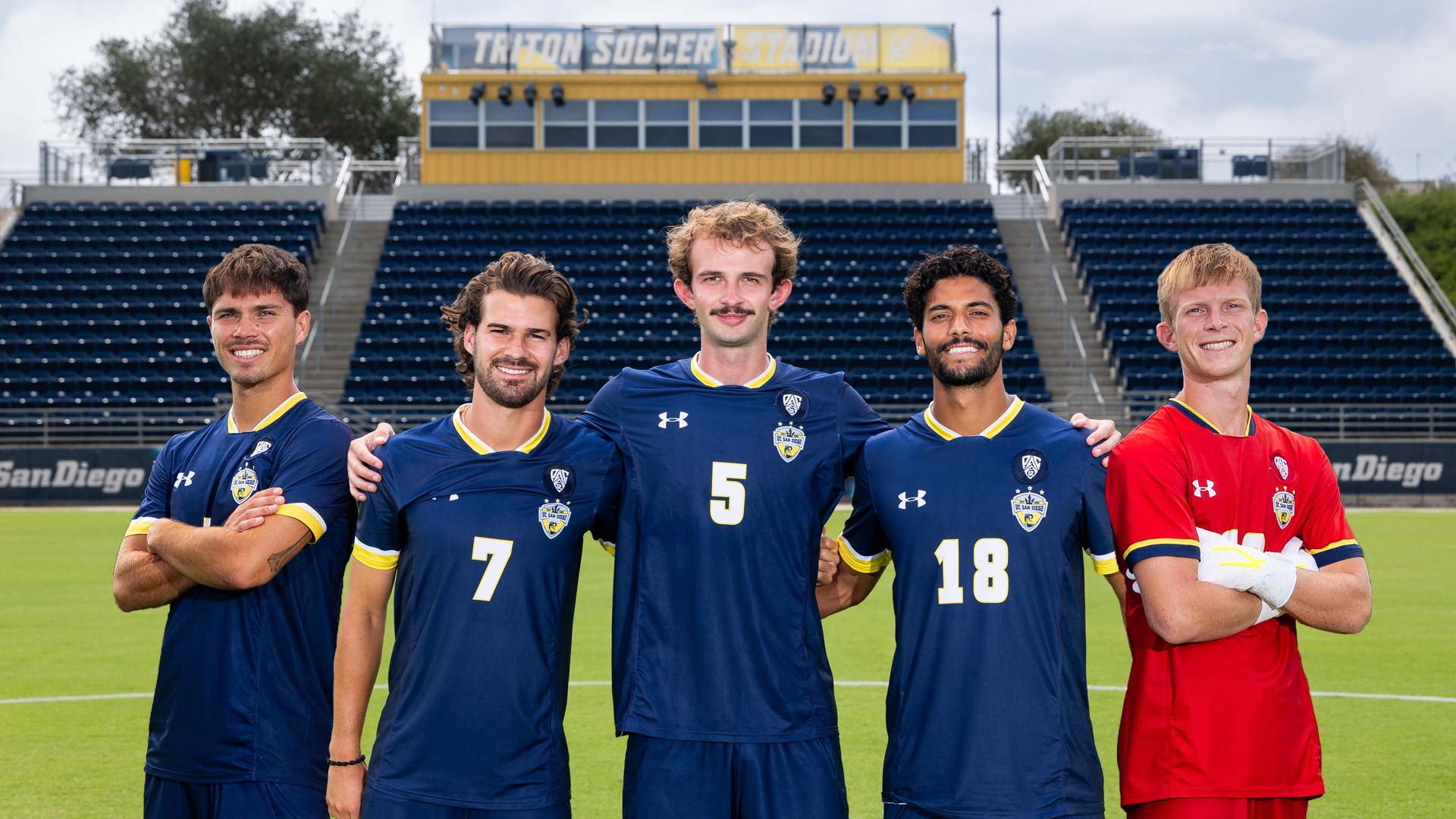UC San Diego's 2026 men's soccer seniors at Triton Soccer Stadium posing for a picture: Nate Morgan, Sean McTague, Keenai Braun, Oren Stuppel, Nic Thiele
