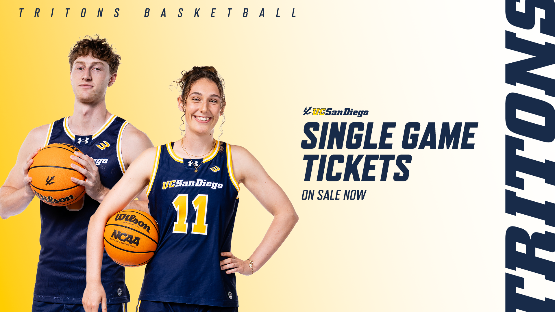 Graphic with one men's basketball player and one women's basketball player from UC San Diego each holding a basketball. The text says 
