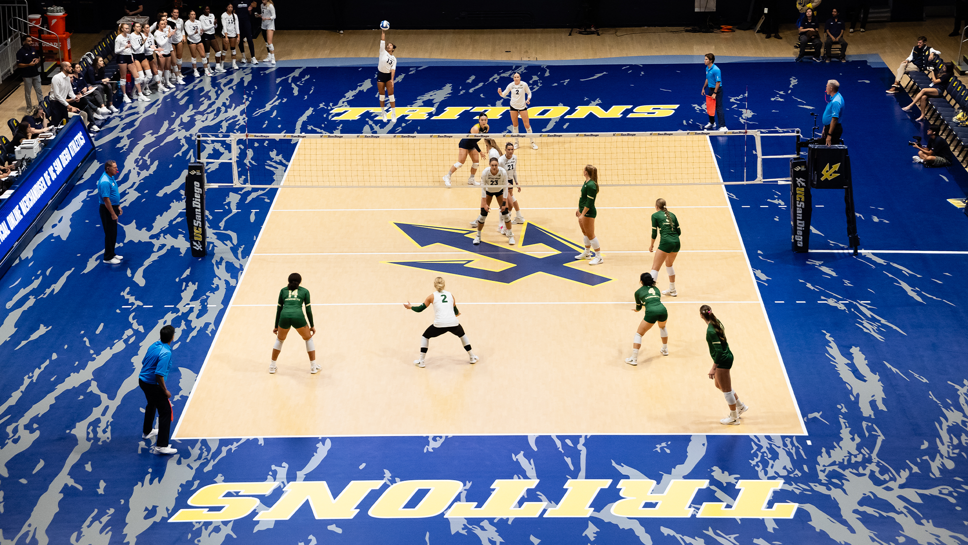 Teams face off on volleyball court with Trident logo