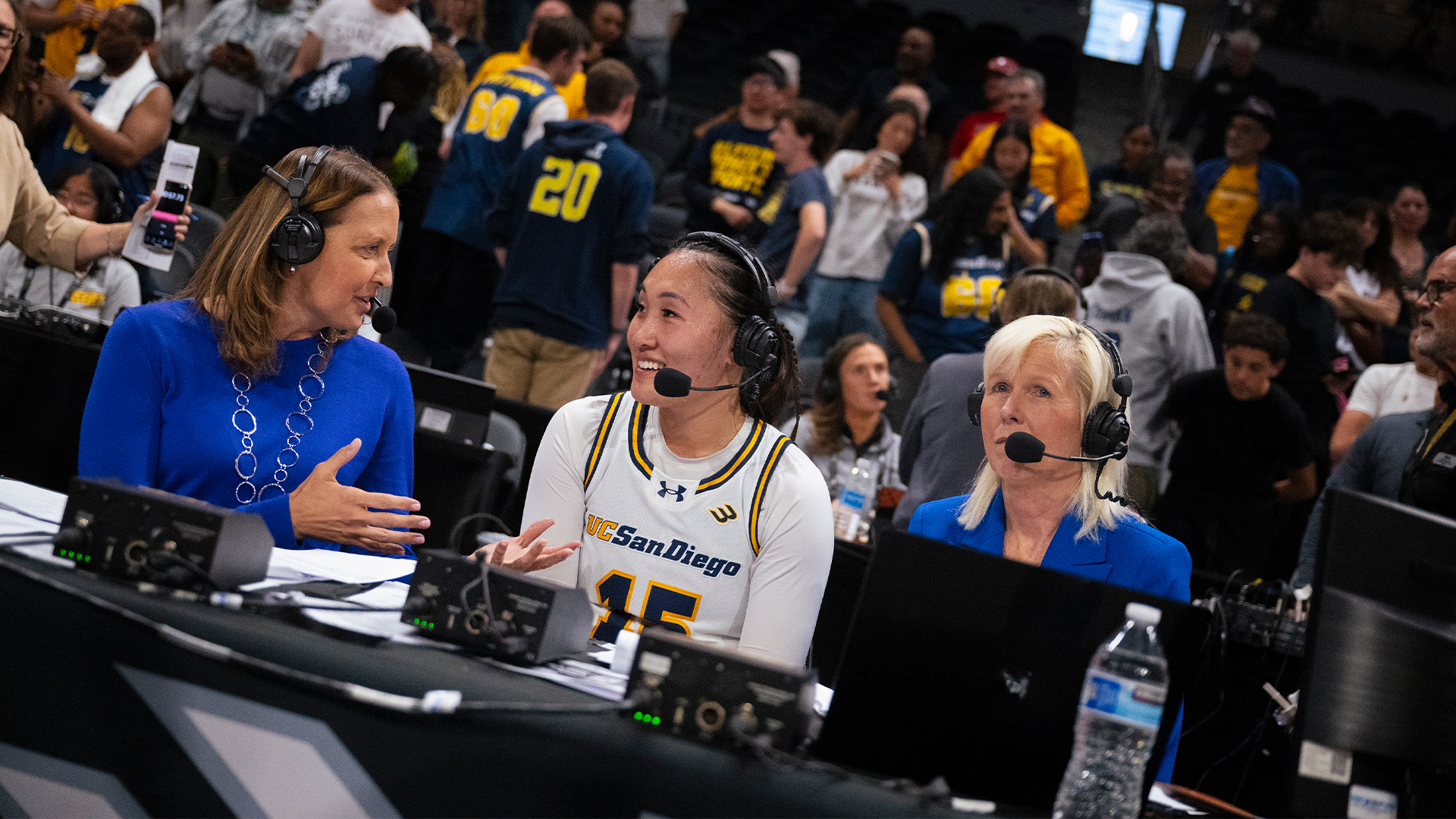 Sabrina Ma interviewed by tv broadcasters after Big West Semifinal