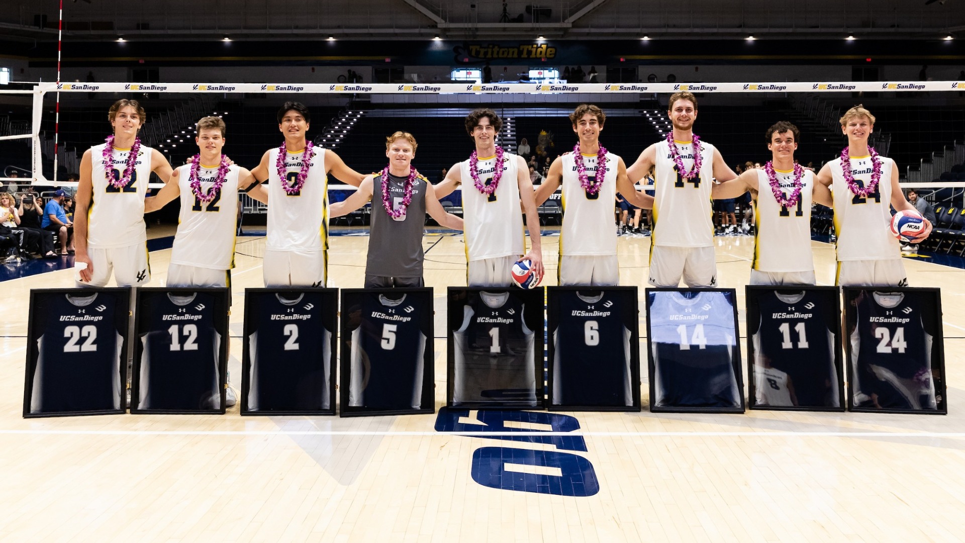 UC San Diego men's volleyball's 2026 seniors on their Senior Night: Sebastiano Sani, Josh Ewert, Cameron Wurl, Evan Boyle, Luke Chandler, Leo Pravednikov, Jim Garrison, John Luers, Peter Selcho