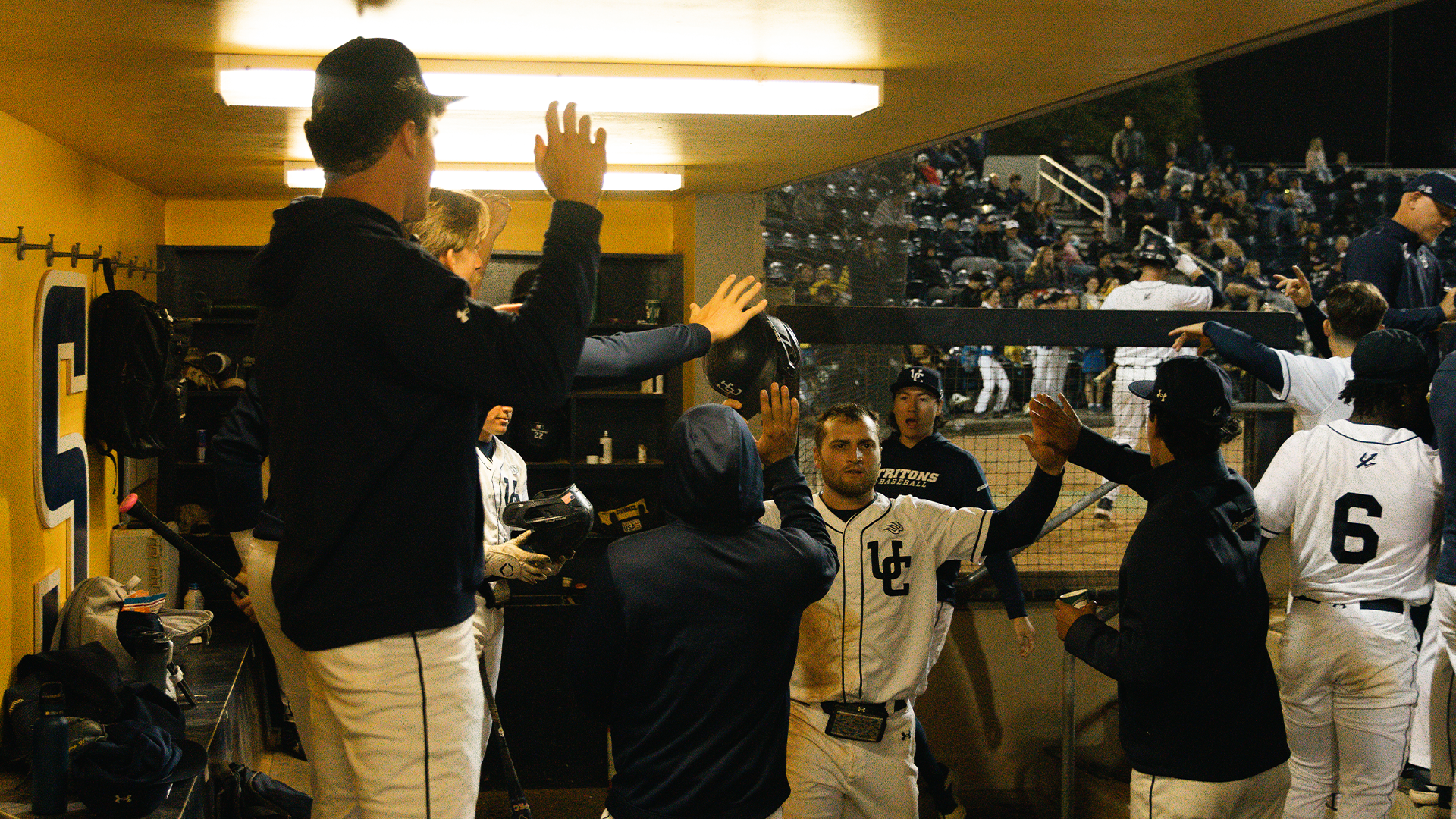Dugout celebrates with high fives during a baseball game