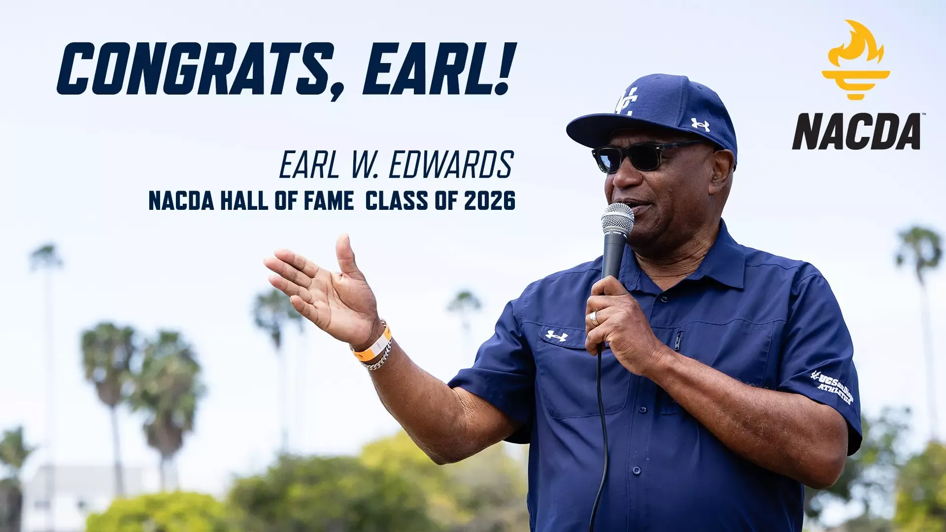 Former Athletic Director Earl Edwards holds a microphone and text says Congrats, Earl with a NACDA logo 