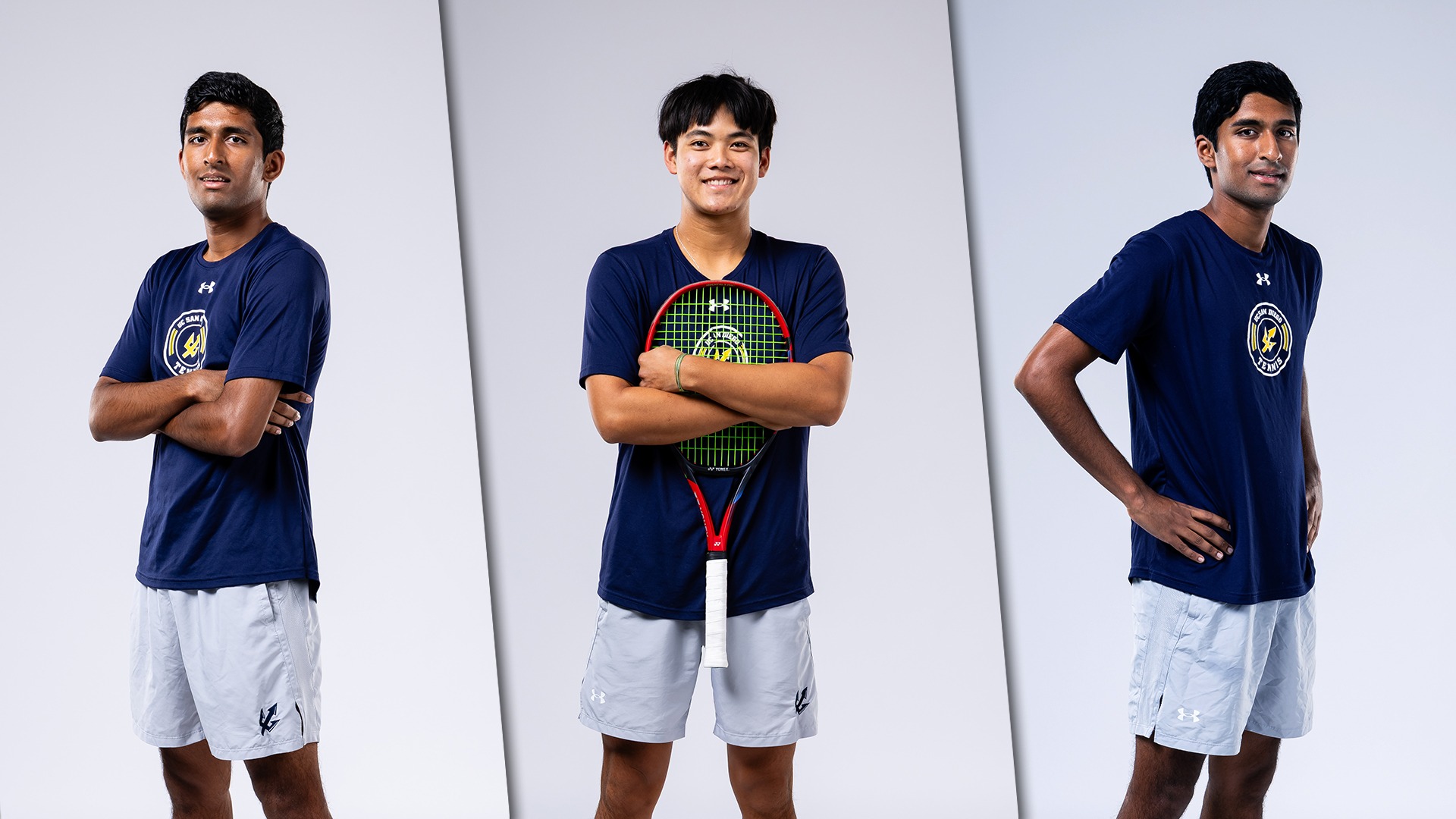 UC San Diego tennis players stand posed, left to right: Prathinav Chunduru, Trevor Nguyen, Abhinav Chunduru