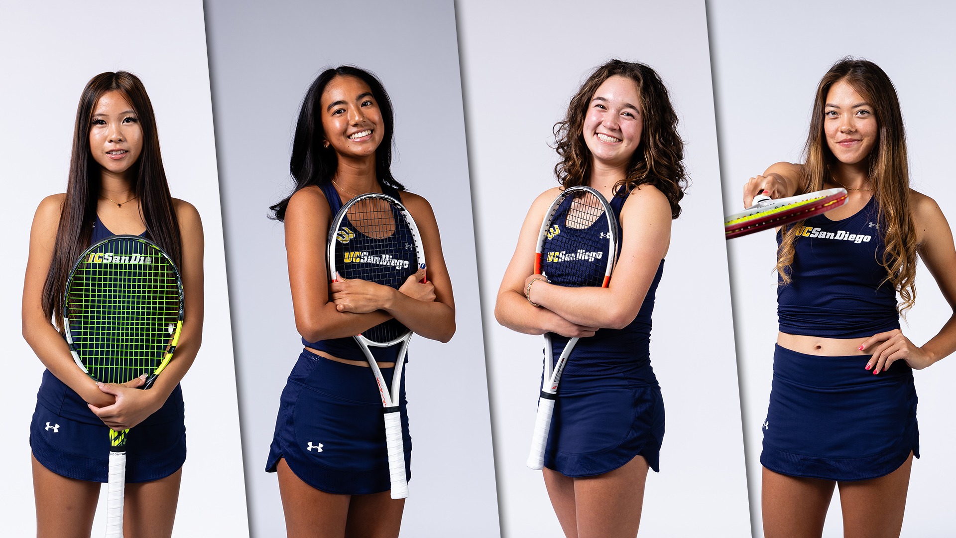 UC San Diego women's tennis players stand posed left to right: Carling Allaye-Chan, Julia Visaya, Olivia Allegre, Hana Gamracy