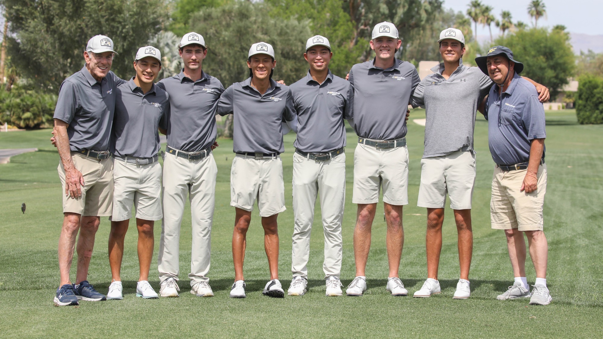 Triton players and coaches at the 2026 Big West Men's Golf Championship on a tee box at La Quinta Country Club.