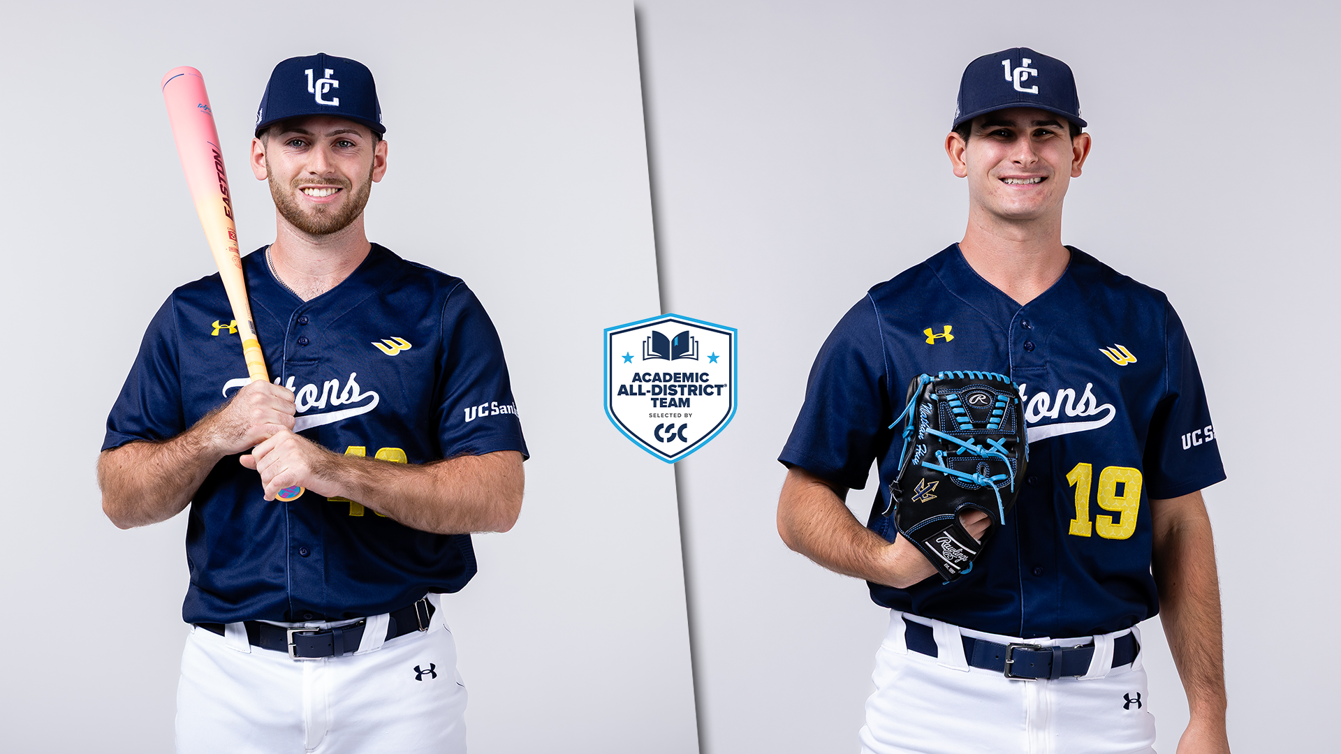 Joint graphic with Michael Crossland and Nathan Huy posing with Academic All-District logo in the center