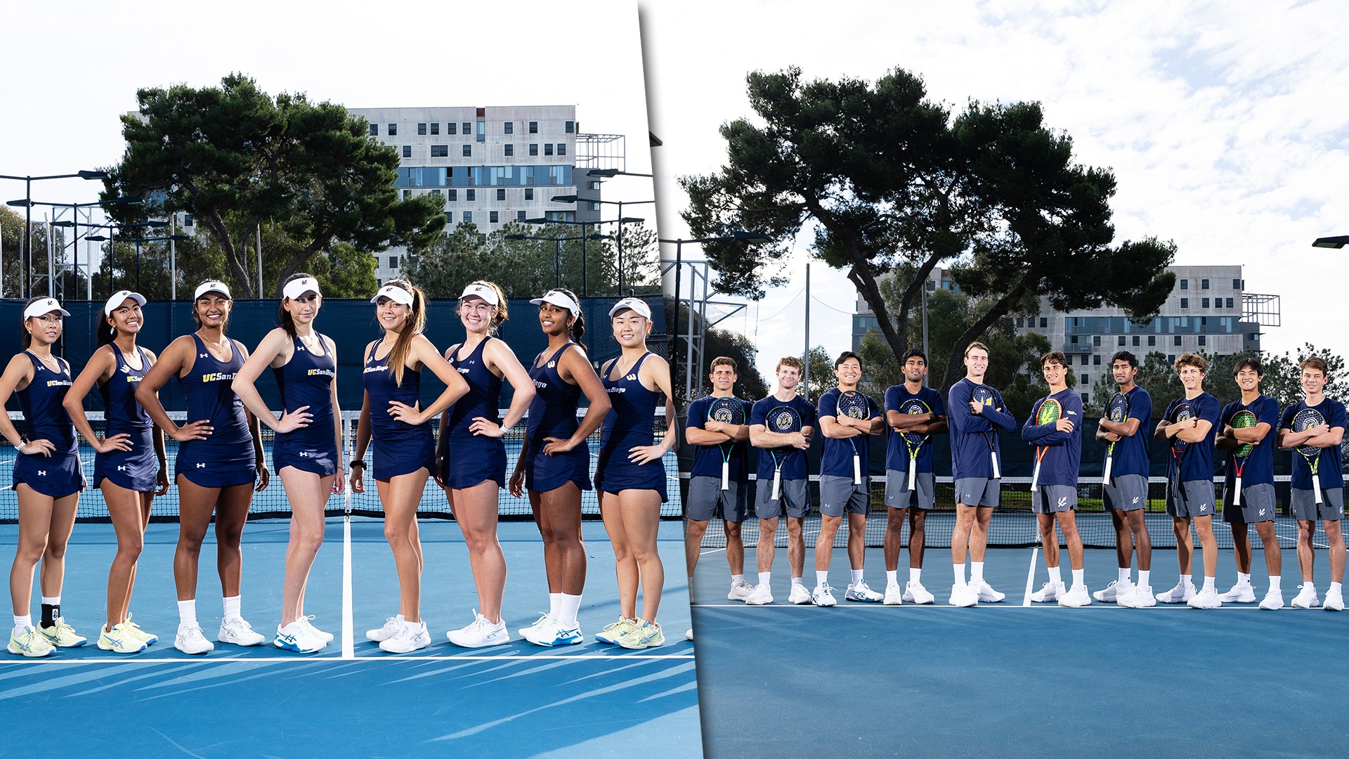 UC San Diego men's and women's tennis teams stand in a line in navy uniforms two separate team photos