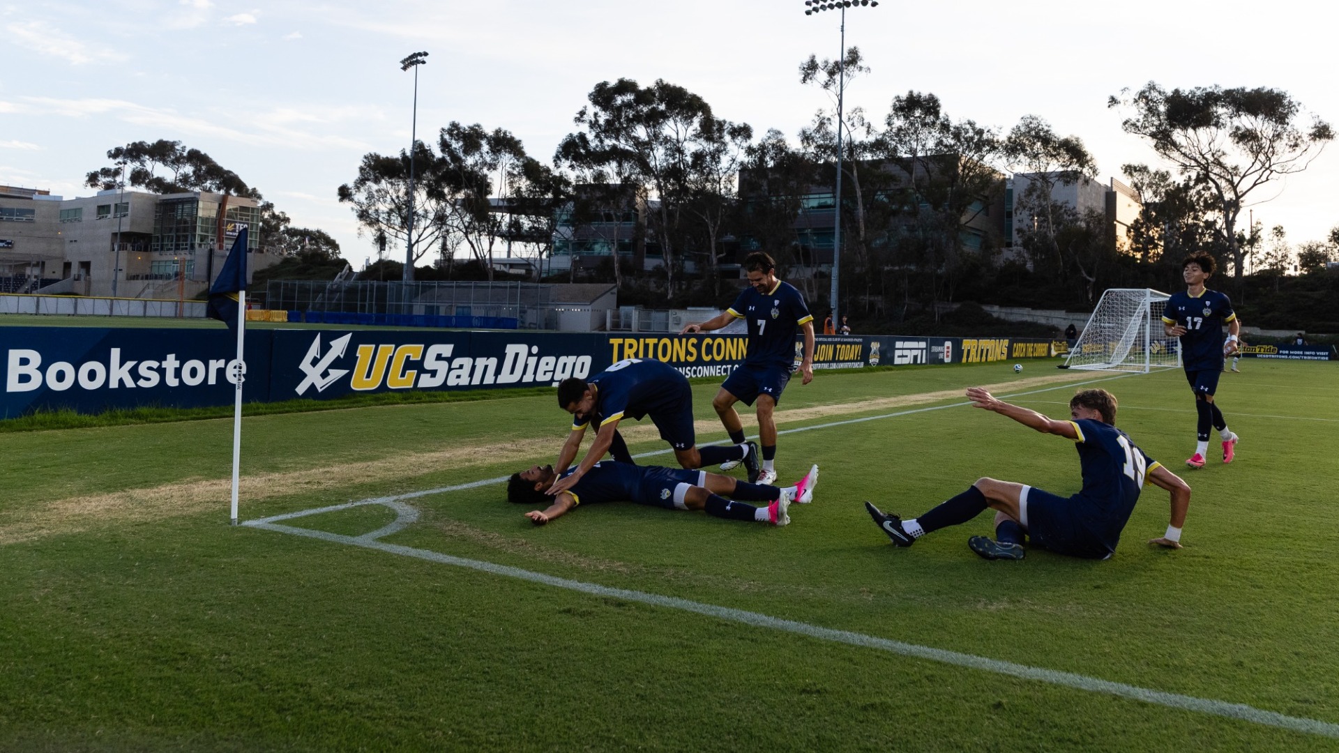Men's soccer goal celebration
