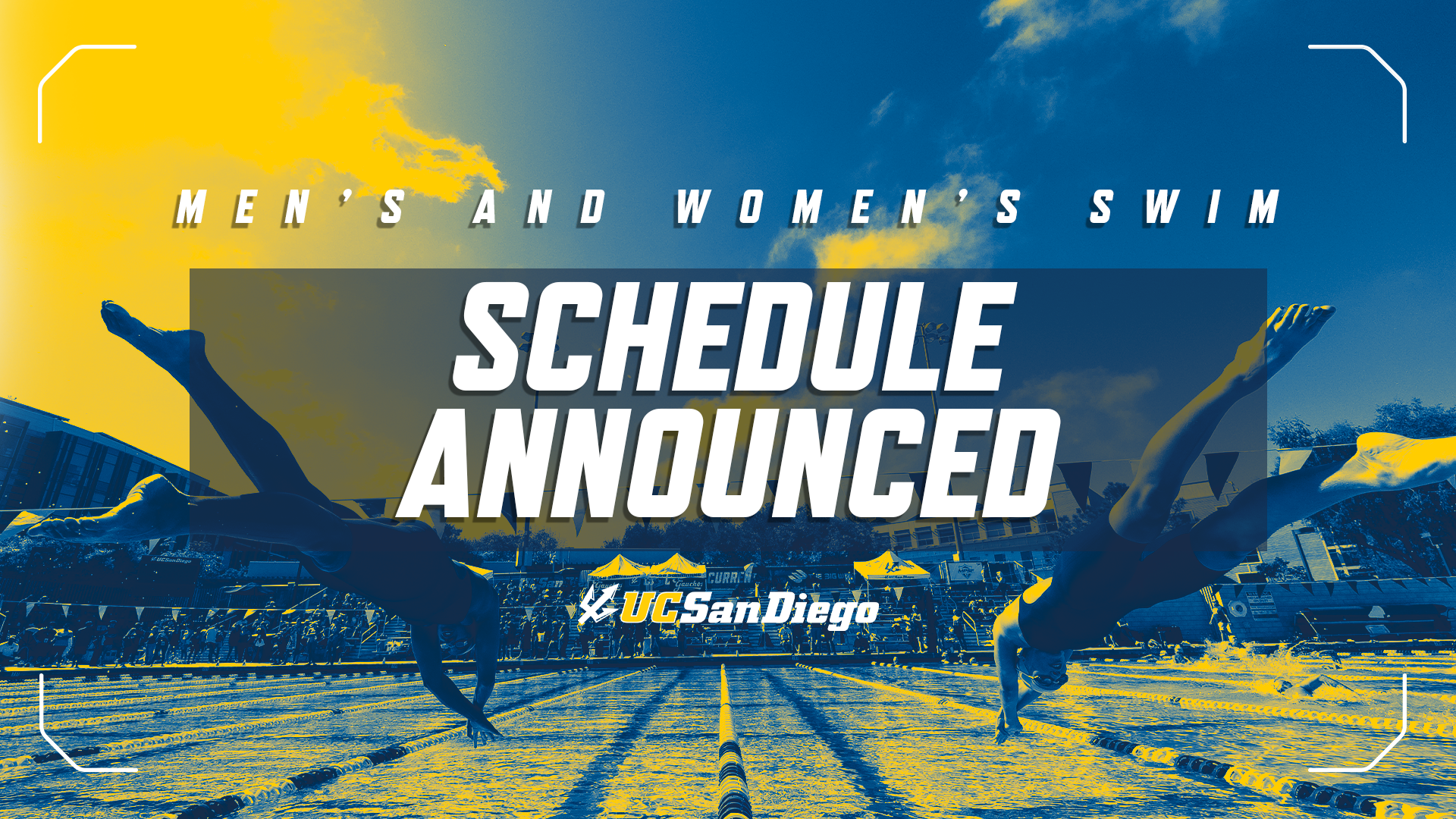 2026-27 Swimming Schedule Annoucement graphic, blue and yellow heat map wave pattern with swimmers diving into pool