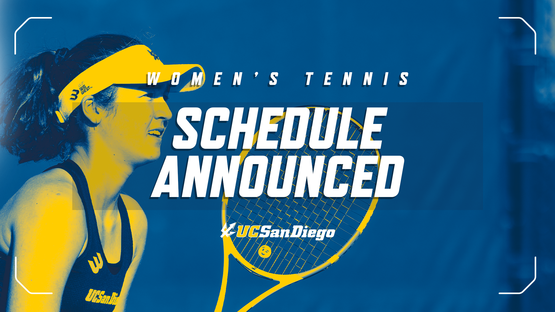 Women's Tennis Schedule announcement graphic, Olivia Allegre featured, color overlay of navy and yellow