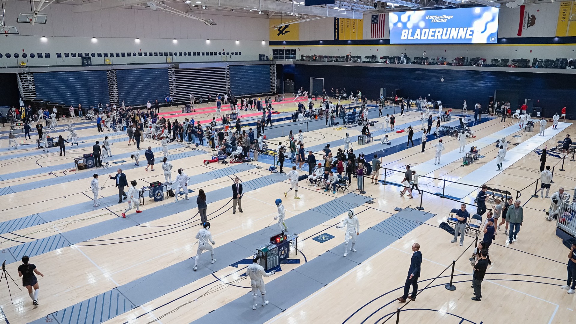 Aerial shot of the 2025 BladeRunner fencing event at LionTree Arena