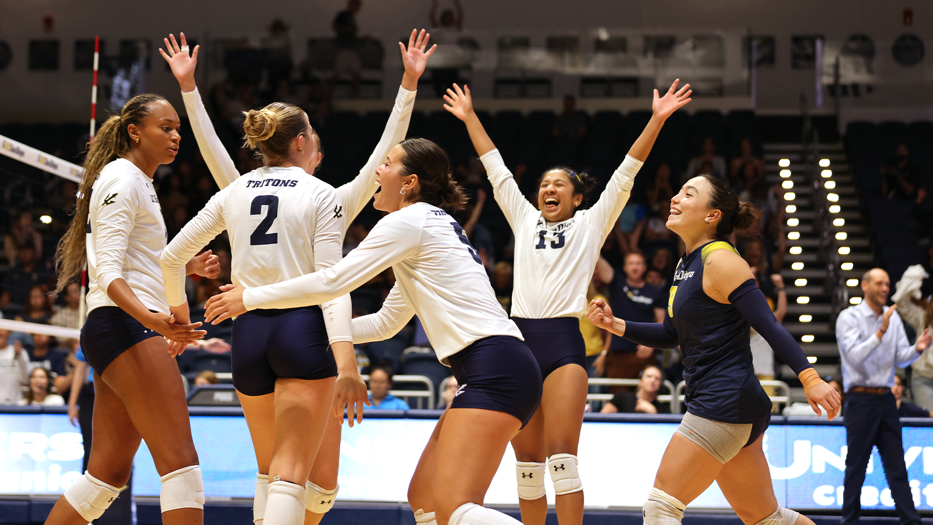 Volleyball team celebrates with arms raised on court