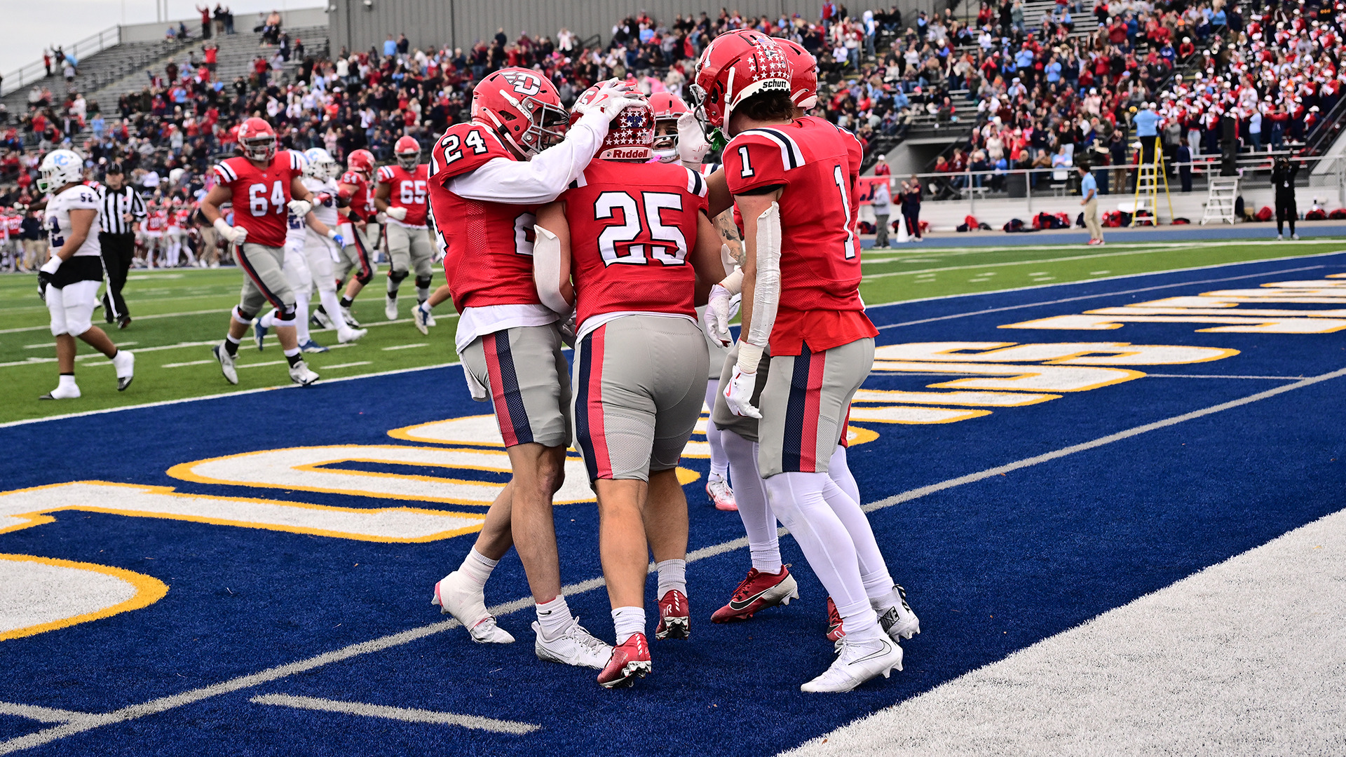 The players celebrating a touchdown