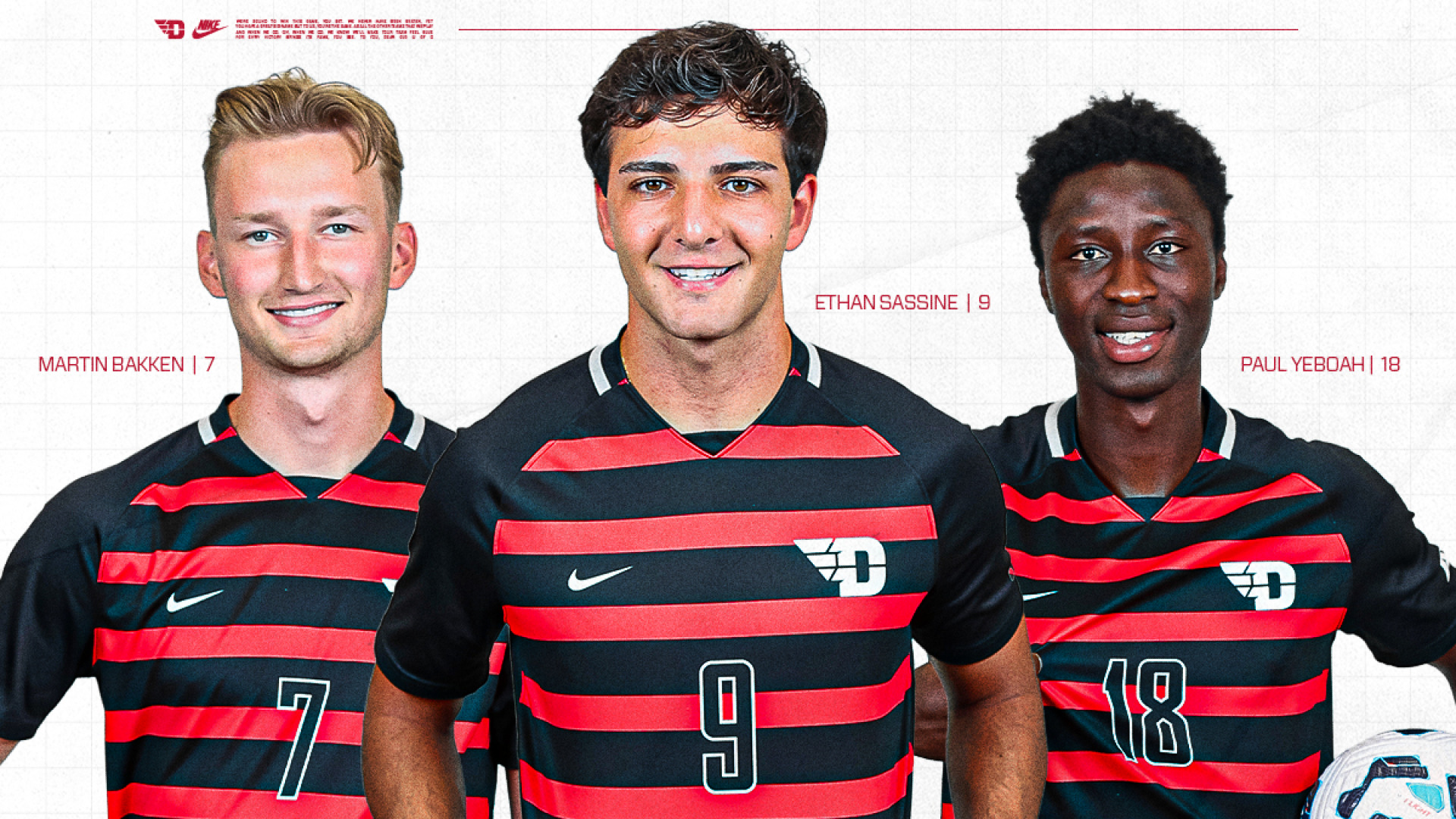 Left to right, Martin Bakken, Ethan Sassine and Paul Yeboah wearing red and black striped jersey tops standing on a white background cropped from the waist up
