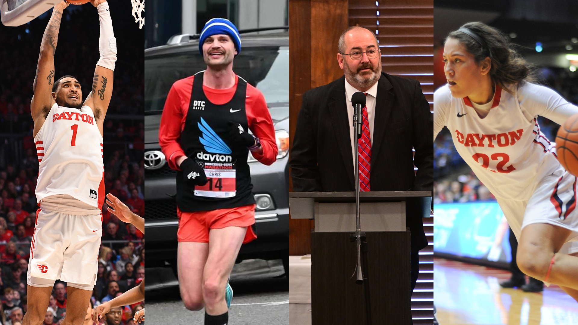 A graphic honoring the UD 2026 Hall of Fame Class.  From left -- Obi Toppin, Chris Lemon, Doug Hauschild and Kelley Austria