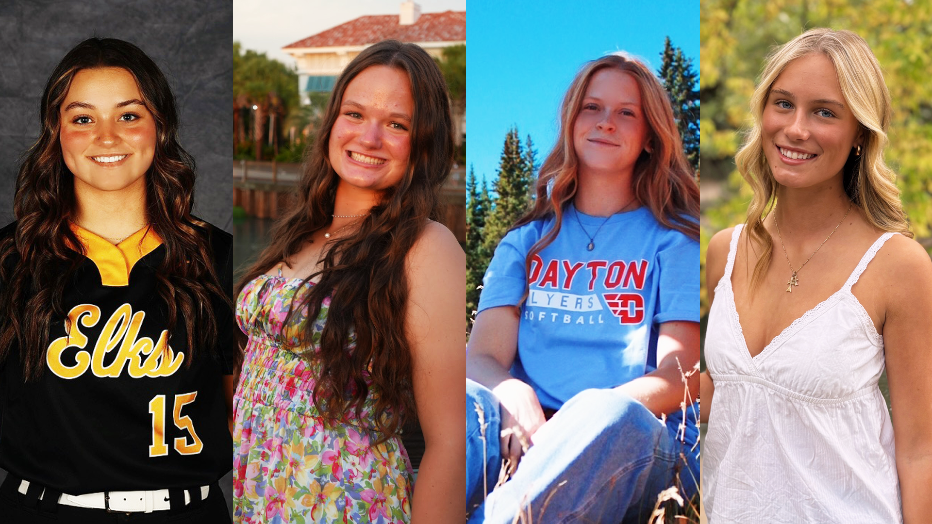 Four consecutive photos of softball signees. From left to right, Chayse Adkins, Christine Chmiel, Emma Gibson and Zoe Trunk