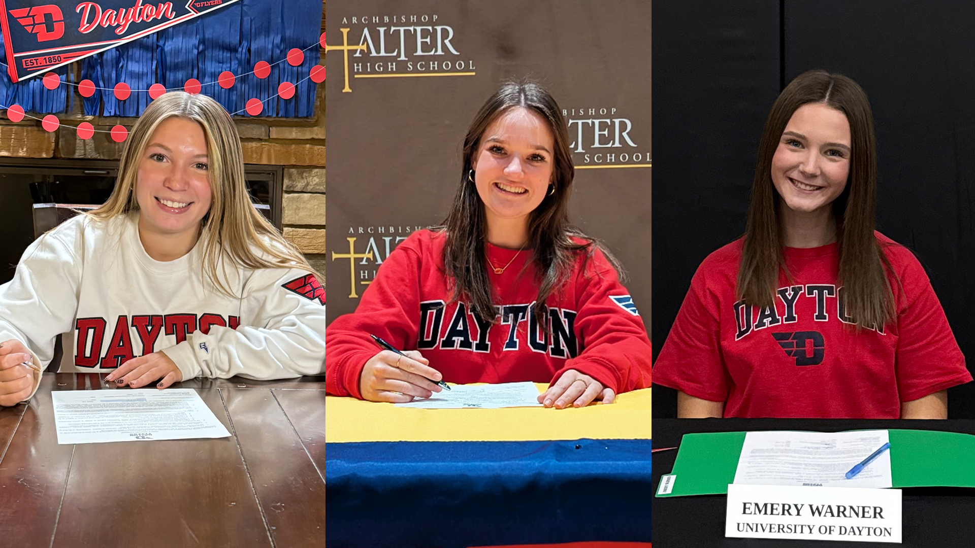 From left to right, Addyson Ciganek, Lauren Miller and Emery Warner are seated with paper in front of them on a table to sign