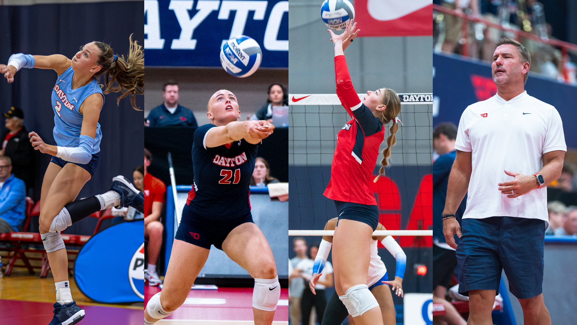 Kamryn Hunt, Karissa Kaminski and Viktoria Wahlgren are attacking, passing and setting a ball. Tim Horsmon is yelling on the sidelines.