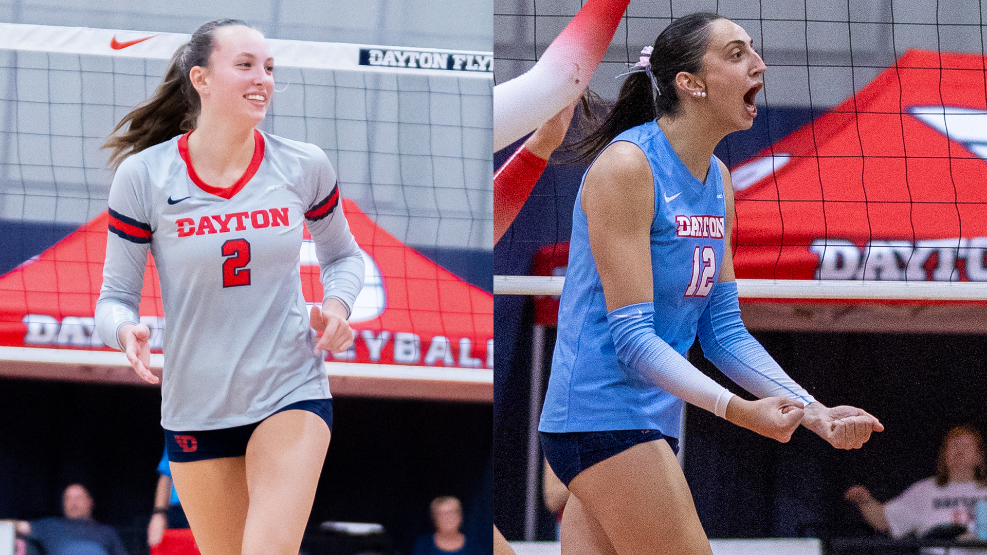In two separate images, Kamryn Hunt and Liana Sarkissian are celebrating after a point.