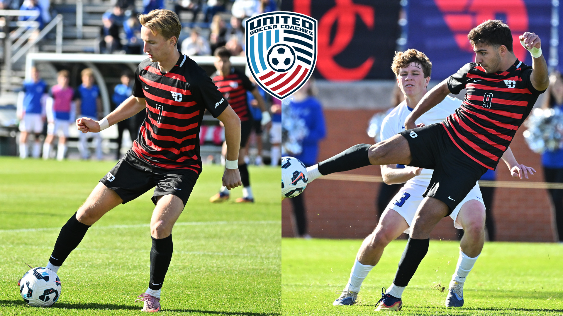 In-game action photos of Martin Bakken (left) and Ethan Sassine, wearing red and black stripe jersey tops and black shorts, with a United Soccer Coaches logo in the top middle of the image