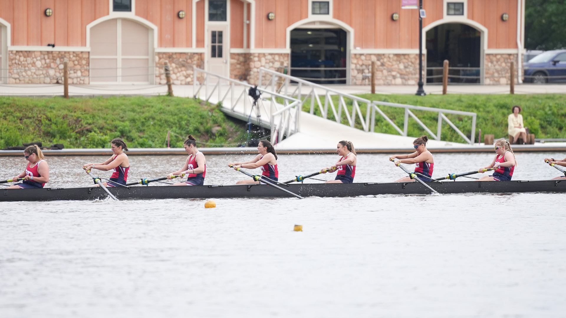 The varsity 8+ boat at the A-10 Championships in 2025.