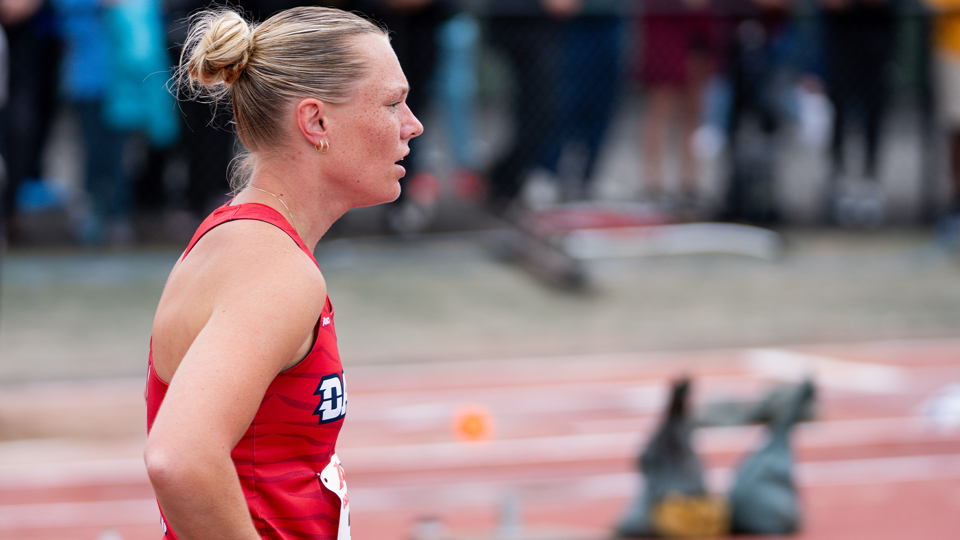Raegan Ernst Looks on after running the 800m in the Heptathlon at the A-10 Outdoor Championships