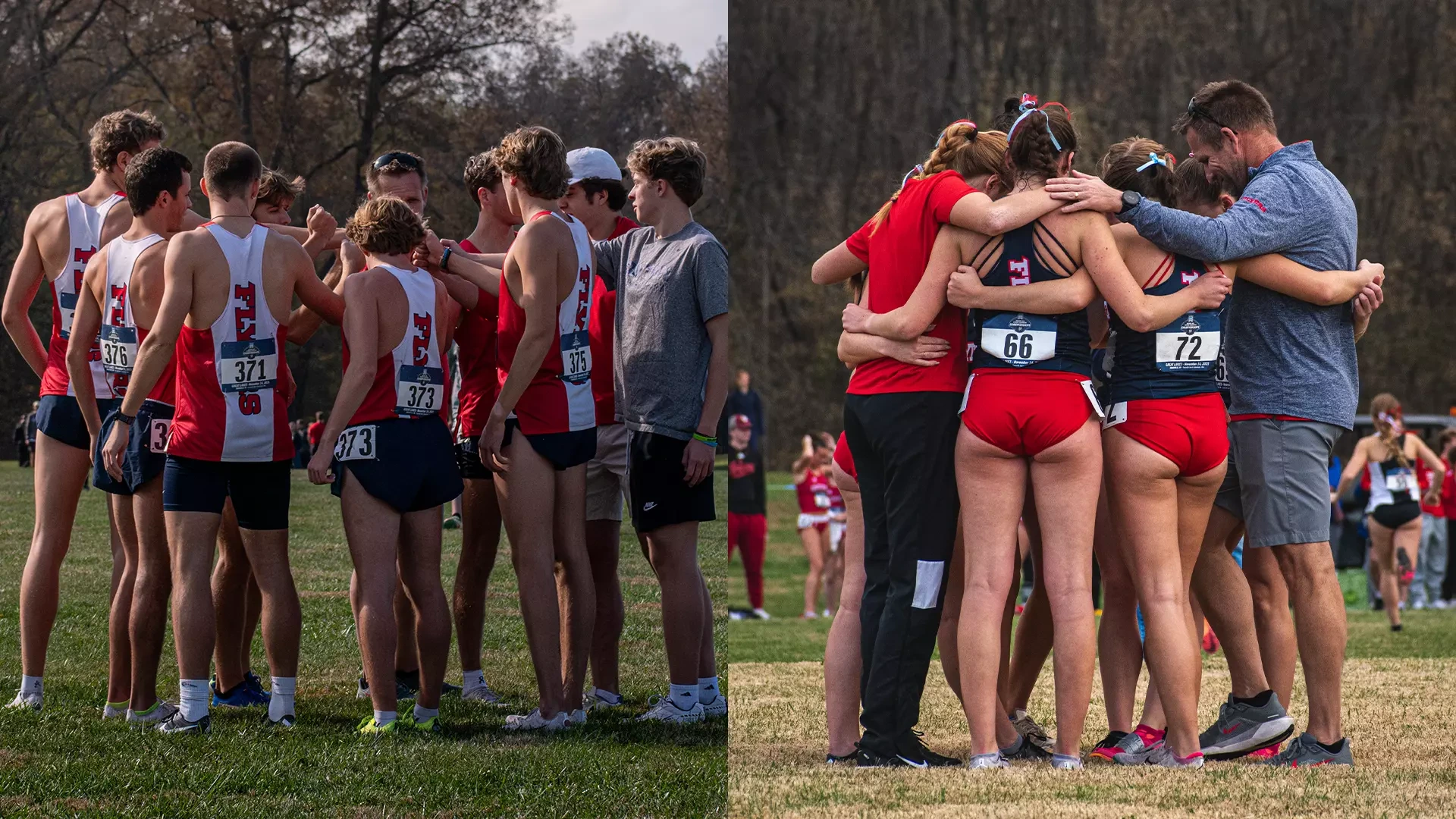 UDXC Men Huddle at the NCAA Regional on the Left and UDXC Women Huddle at the NCAA Regional on the Right