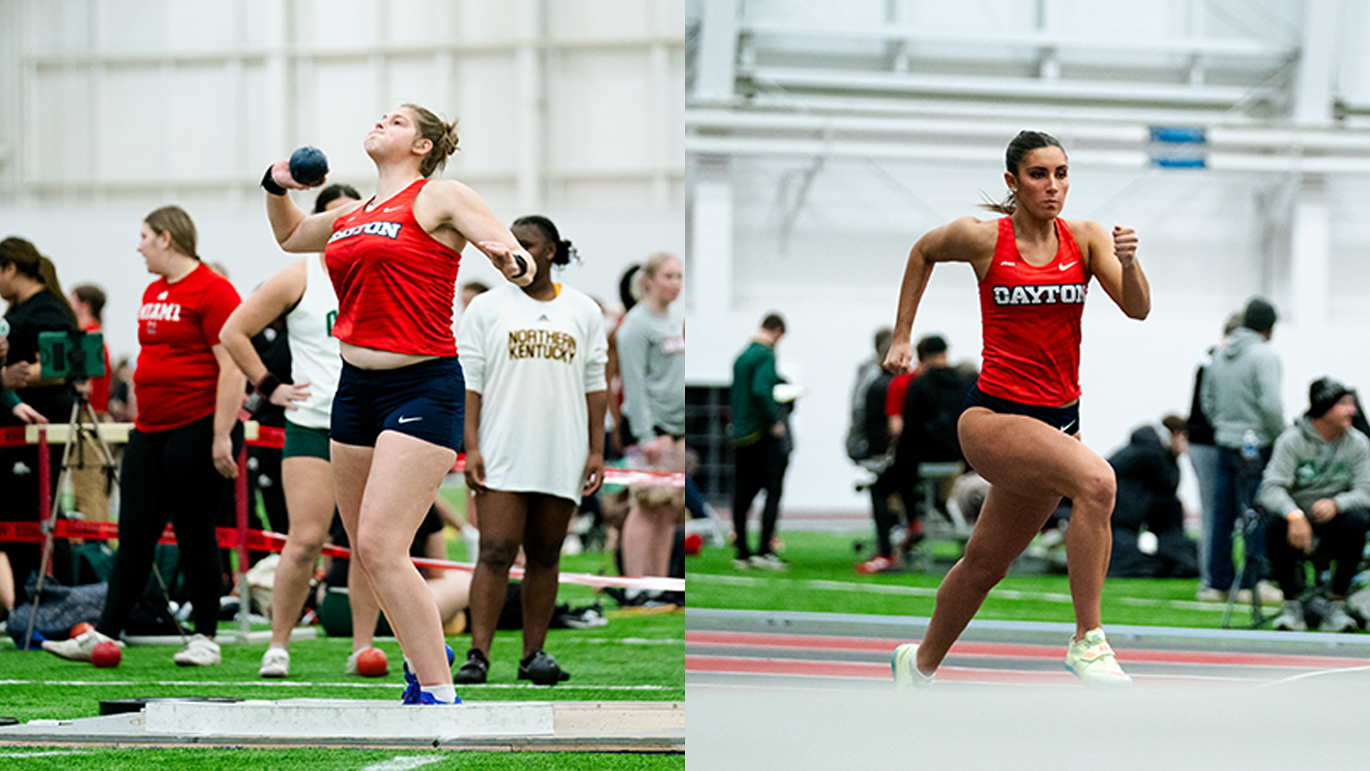 On the left Jillian Yates throws the shot put at Wittenberg. On the right Evelyn Albers is running during the high jump.