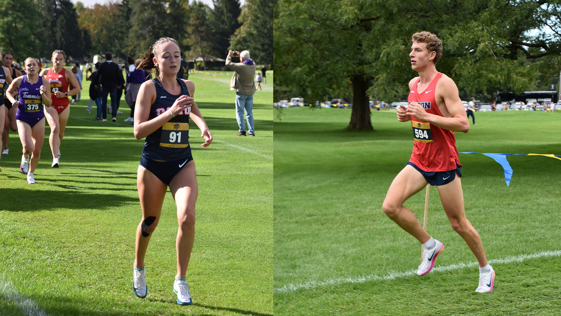 Grace Heitkamp is on the left running in front of the pack at the Joe Piane Invite. On the right is Logan Arnold running at the Joe Piane Invite