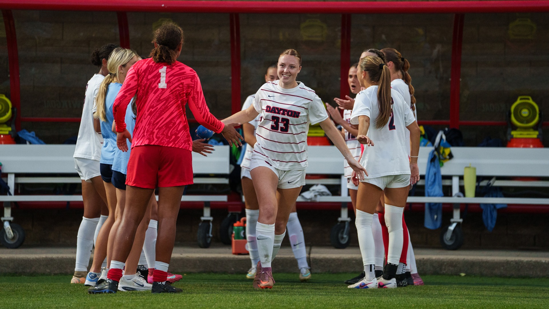 Dayton women's soccer player Lauren Fields takes the field prior to a match this season.