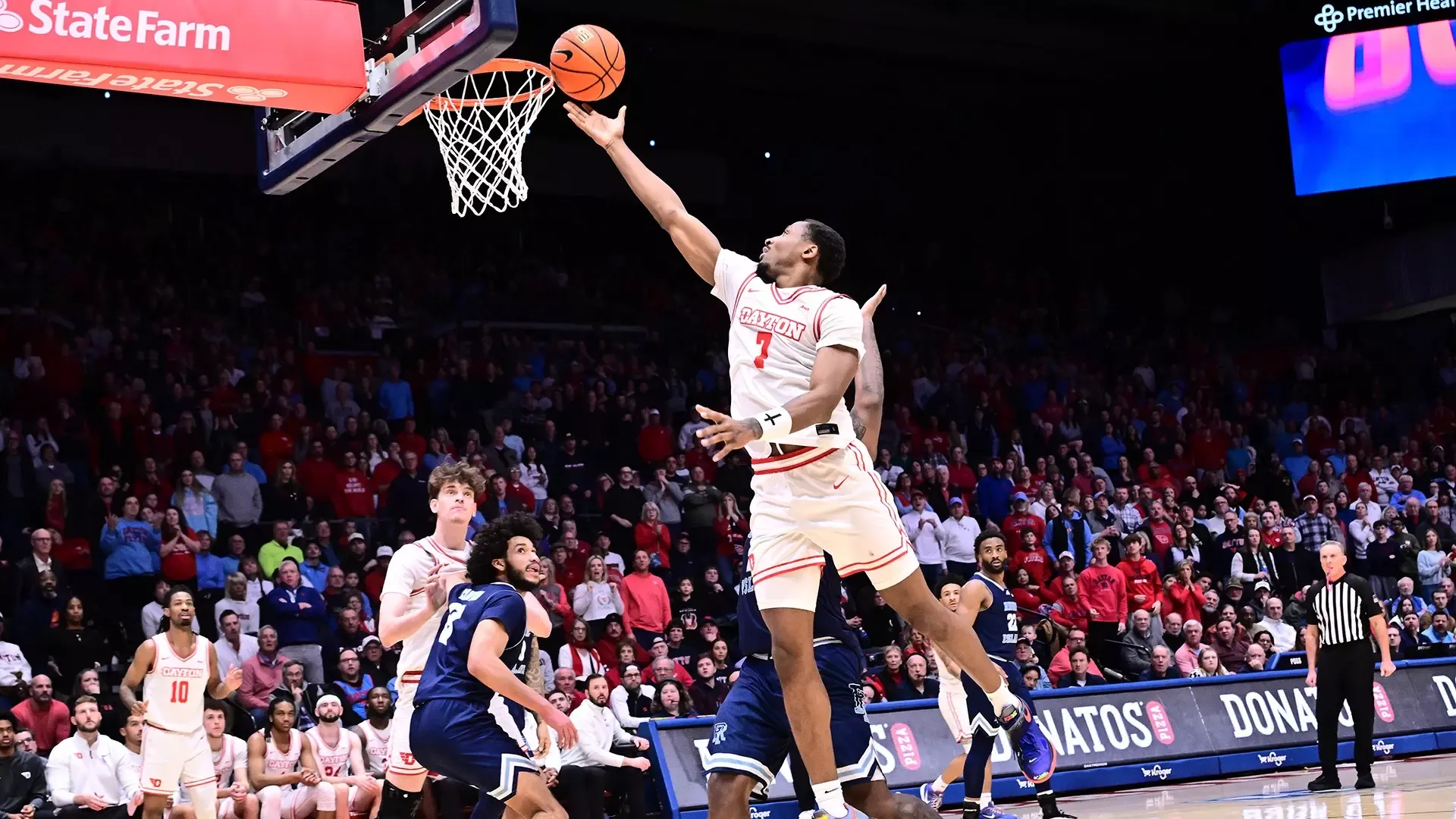Dayton's Men Basketball player Keonte Jones goes for the lay up against Rhode Island