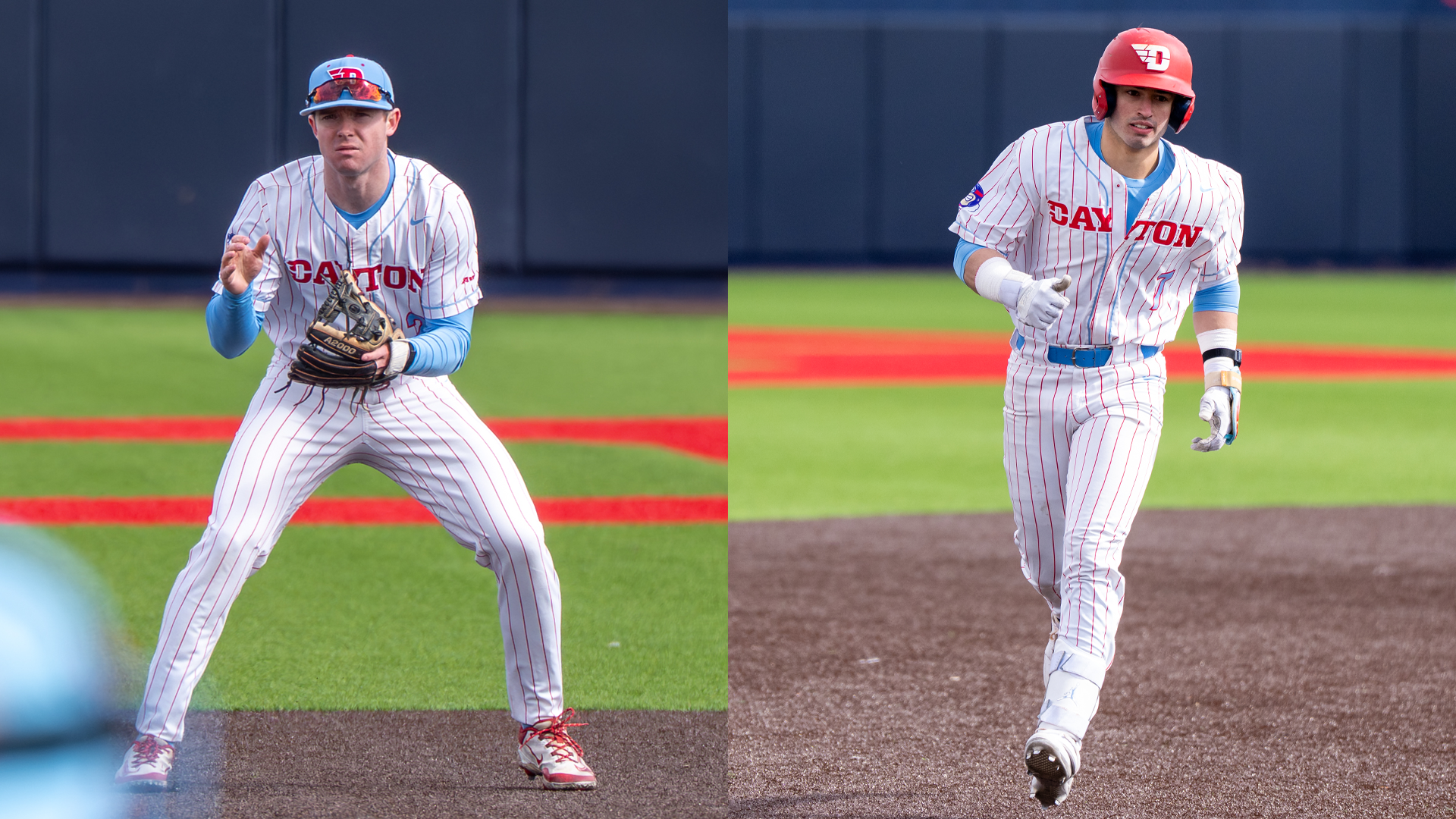 Danny MacDougall stands ready for the ball to be put in play on the left. On the right is Jason Bello running on the base path.