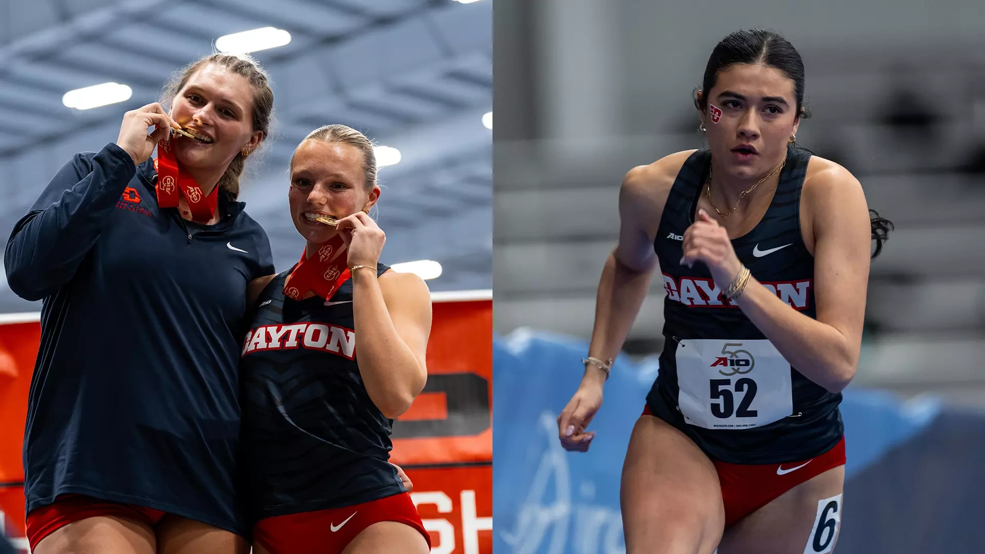 Rebekah Conrad and Raegan Ernst pose while biting medals. Close-up of Sydney Workman running.