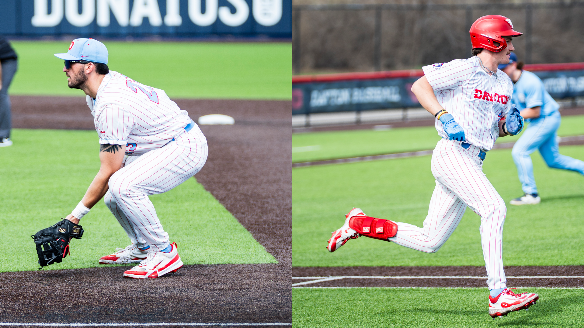 On the left, Bobby Stang is crouched, ready to field a ball at first base. On the right, Colin Lynch runs to first base.