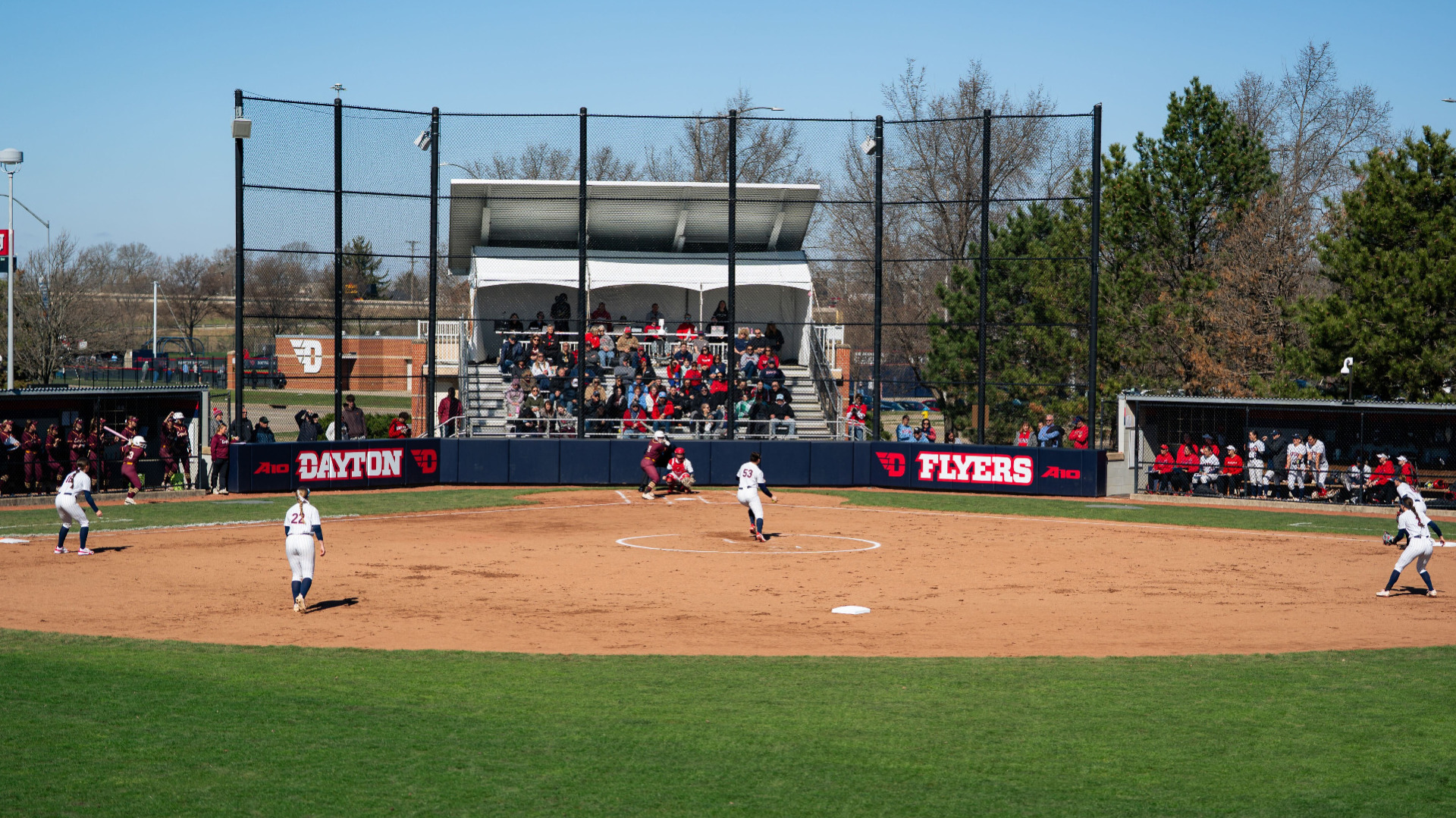 A view of UD Softball Stadium from the centerfield fence showing Dayton on defense, Loyola Chicago in the firstbase dugout and Dayton in the thirdbase dugout