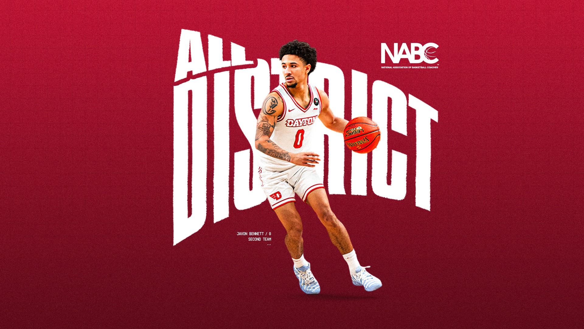 Graphic of Dayton men's basketball player Javon Bennett earning NABC All-District