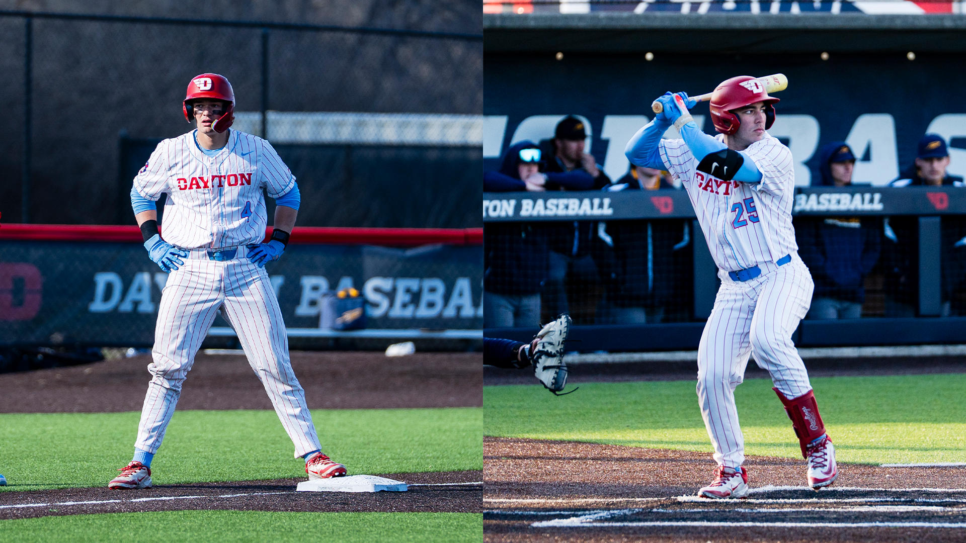 In a split image, Martin Howell stands on third base on the left with his hands on his hips. On the right, Grayson Carpenter lifts his left leg to begin swinging his bat.