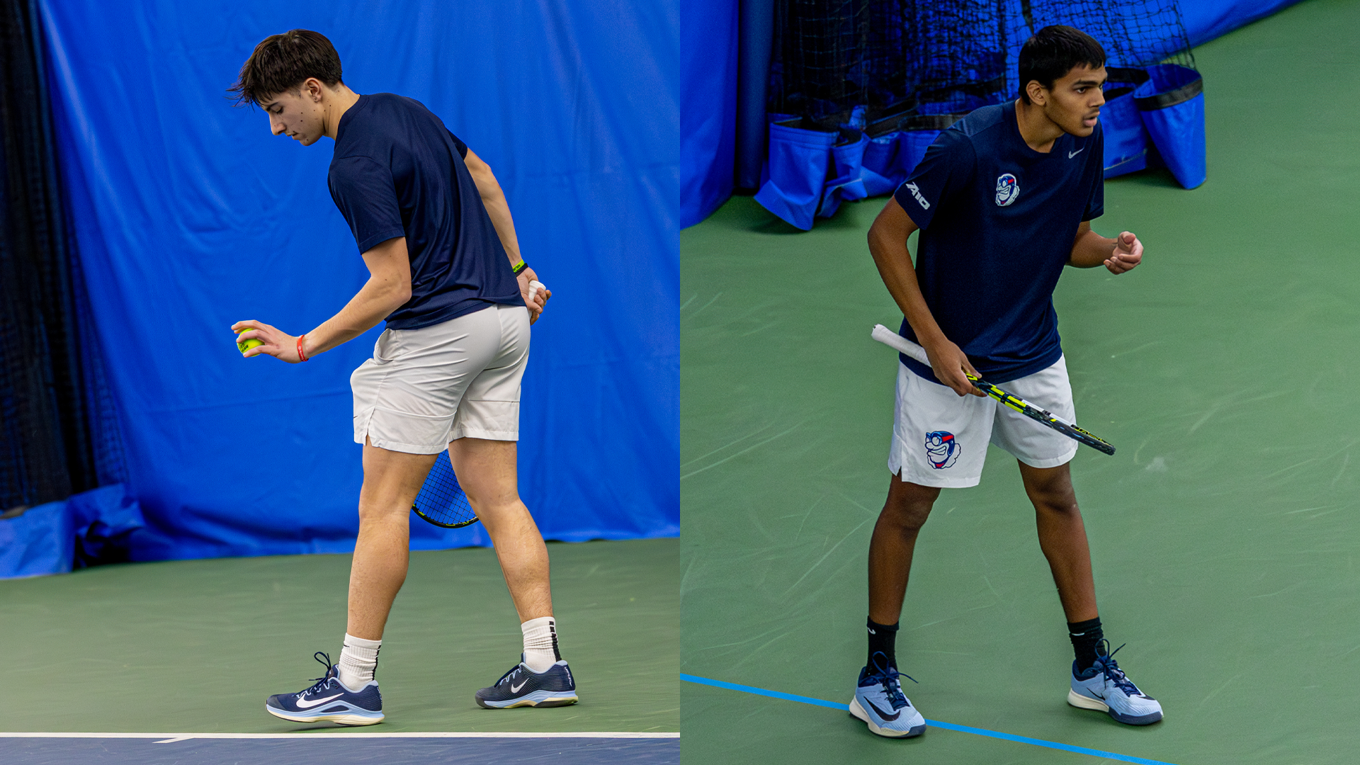 On the left, Kyle McNally bounces a ball on the ground before serving. On the right, Rishi Dore yells after a point.