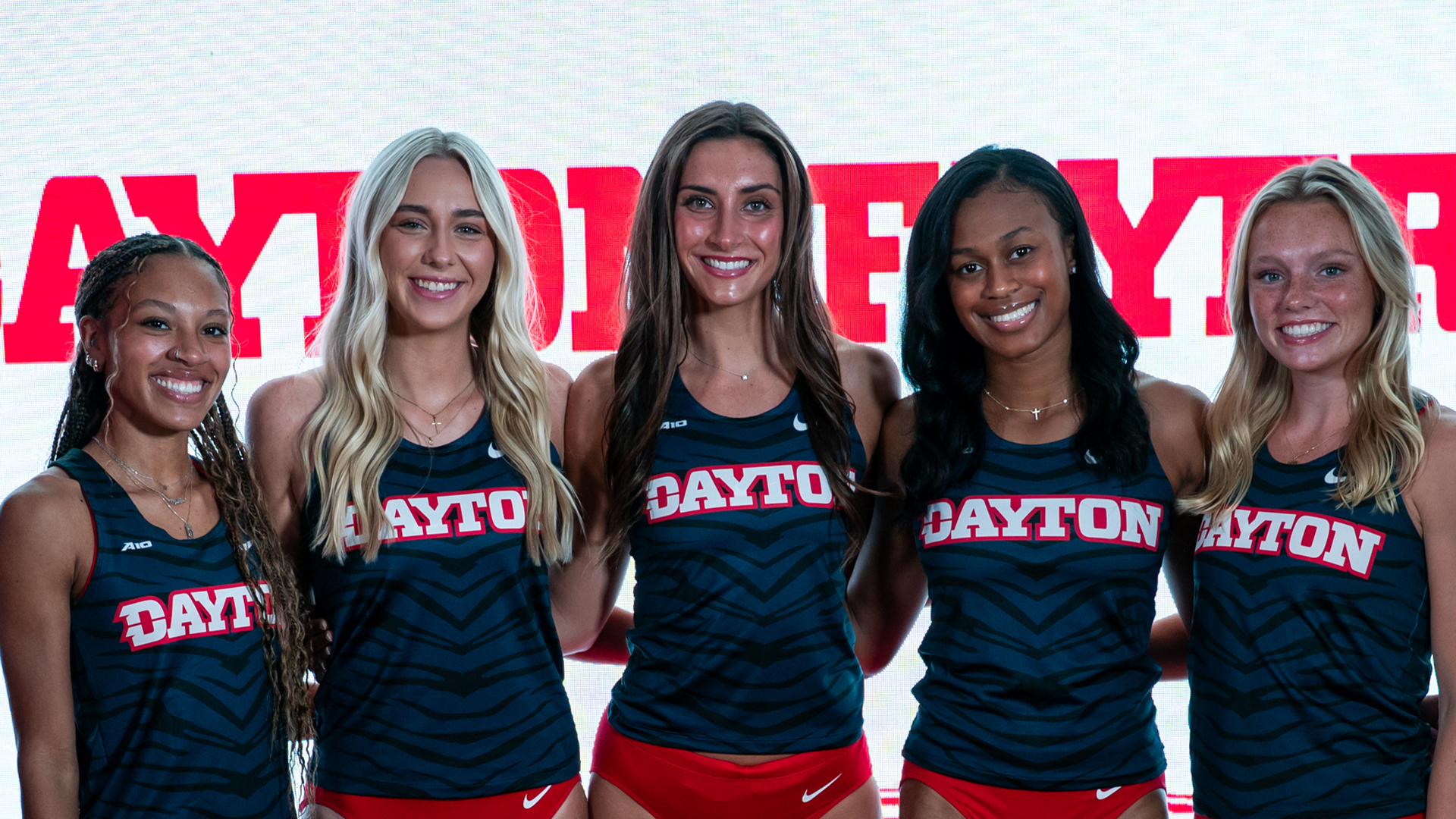 Dayton Track and Field Athletes from left to right Lianna Shakoor, Jailee Clemmons, Evelyn Albers, Jaydn Haywood and Raegan Ernst post on picture day