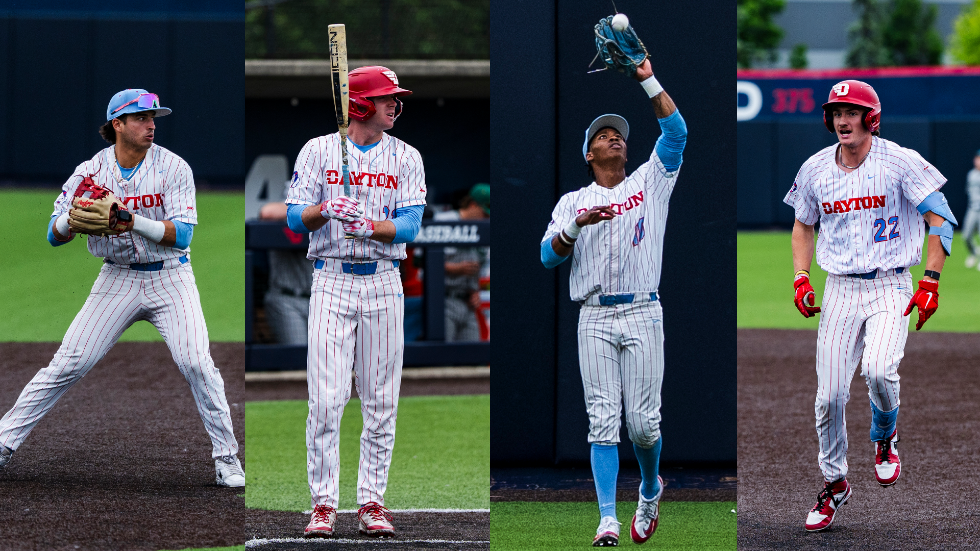 Jason Bello holds the ball in his glove preparing to throw. Danny MacDougall steps into the batter's box, holding his bat. Michael Smith Jr. catches a fly ball in the outfield. Colin Lynch runs to first base. All four are wearing a white pinstripe uniforms.