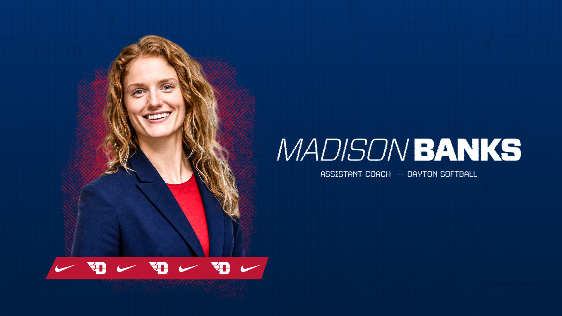 Portrait image of softball assistant coach Madison Banks on a blue background with red highlights