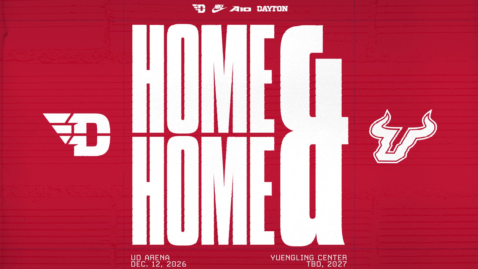 Promotional graphic announcing a home-and-home men's basketball series between the University of Dayton and the University of South Florida. The graphic features a red background with large white text reading 