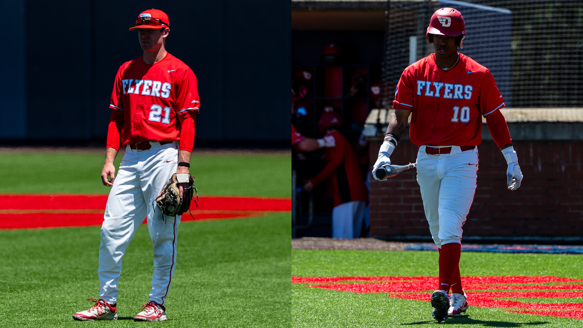 On the right, Danny MacDougall stands in the right infield, waiting for play. On the left, Michael Smith Jr. walks to the right-handed batters' box. Both are wearing red jerseys and white pants.